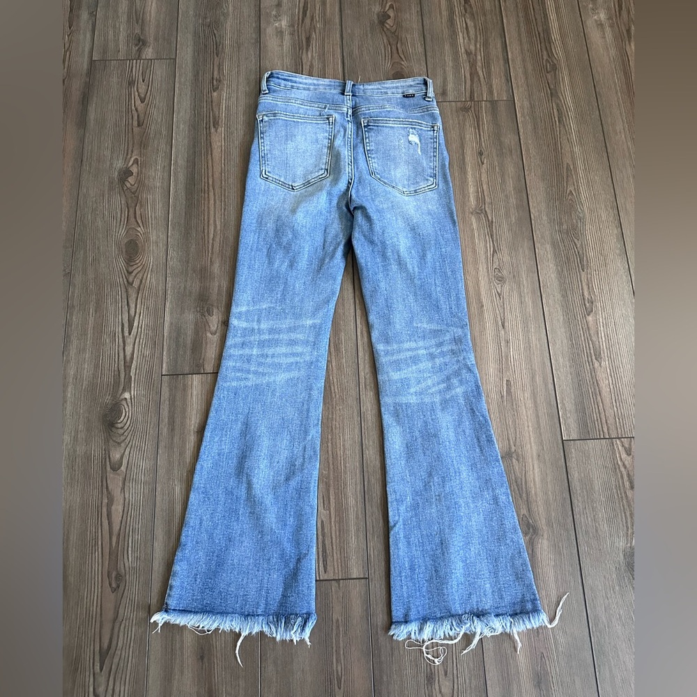 Risen High Rise Flare Jeans Distressed Raw Hem Boutique Denim - Picture 9 of 9